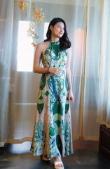 Váy đầm dài cổ yếm họa tiết sơn mài khảm trứng xanh