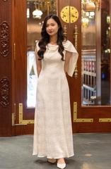 Váy đầm dạ hội cổ kết nơ lụa Jacquard họa tiết hạc trắng