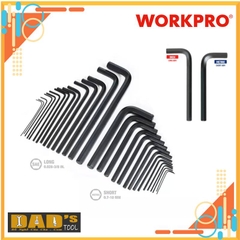 Bộ lục giác đầu bằng, kiểu chữ L, loại dài (1 Bộ = 30 cái) gồm: 15 cái hệ inch, 15 cái hệ mét, thép hợp kim CR-V Workpro - WP222018