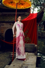 Traditional Vietnamese dress with magenta lotus pattern chiffon silk