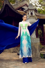 Traditional Vietnamese dress with blue lotus pattern chiffon silk