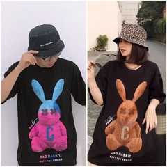 Áo Thun Tay Lỡ Nam Nữ Form Rộng In hình Bad Rabbit Hồng và Nâu Vải Cotton 100% Nguyên Chất, HY KOREA.