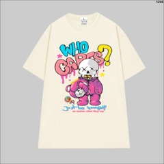Áo Thun Tay Lỡ HY KOREA Gấu Who Cares 1244 Form Rộng Unisex Cotton 100