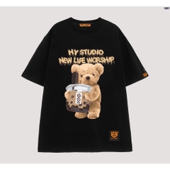 Áo thun tay lỡ form rộng nam nữ cotton 75 Gấu trà sữa 1097 HY KOREA