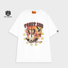 Áo Phông Rộng HY KOREA Tay Lỡ Trust God Unisex Nam Nữ TLLC60