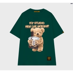 Áo thun tay lỡ form rộng nam nữ cotton 75 Gấu trà sữa 1097 HY KOREA