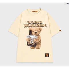 Áo thun tay lỡ form rộng nam nữ cotton 75 Gấu trà sữa 1097 HY KOREA