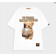 Áo thun tay lỡ form rộng nam nữ cotton 75 Gấu trà sữa 1097 HY KOREA