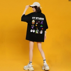 Áo thun HY STUDIO tay lỡ form rộng nam nữ cotton 75 halloween 1141