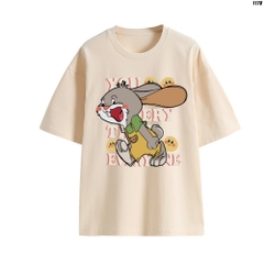 Áo Thun Unisex Tay Lỡ Thỏ mặc yếm 1178 Cotton 100 Quảng Châu Màu Pastel