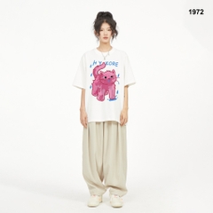 Áo thun HY KOREA Mèo hồng xì mũi 1972 tay lỡ cotton 75 form rộng unisex