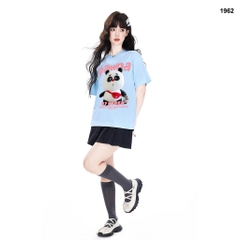 Áo thun HY KOREA Gấu Panda túi đỏ 1962 tay lỡ cotton 75 form rộng unisex