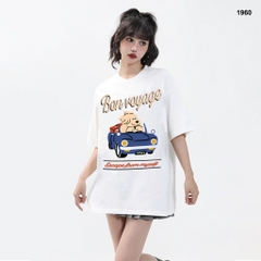 Áo thun HY KOREA Cún lái xe BonVoyage 1960 tay lỡ cotton 75 form rộng unisex