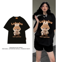 Áo thun nữ HY KOREA Gấu Labubu đeo túi 1659 tay lỡ cotton 75 form rộng phong cách coquette