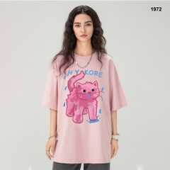Áo thun HY KOREA Mèo hồng xì mũi 1972 tay lỡ cotton 75 form rộng unisex
