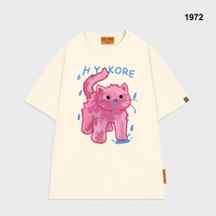 Áo thun HY KOREA Mèo hồng xì mũi 1972 tay lỡ cotton 75 form rộng unisex