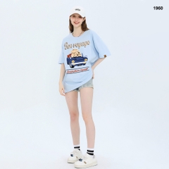 Áo thun HY KOREA Cún lái xe BonVoyage 1960 tay lỡ cotton 75 form rộng unisex