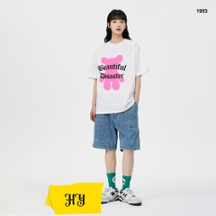 Áo thun Gấu Hồng Beautiful 1953 HY KOREA tay lỡ cotton 75 form rộng unisex