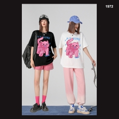 Áo thun HY KOREA Mèo hồng xì mũi 1972 tay lỡ cotton 75 form rộng unisex