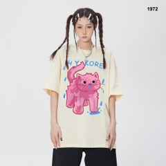Áo thun HY KOREA Mèo hồng xì mũi 1972 tay lỡ cotton 75 form rộng unisex