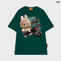 Áo thun LABUBU HY KOREA LABUBU xe Moto 2529 tay lỡ cotton 75 form rộng nam nữ unisex
