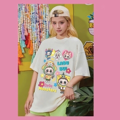 Áo thun LABUBU HY KOREA Labubu Cute Monsters 1808 tay lỡ cotton 75 form rộng nam nữ unisex