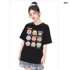 Áo thun LABUBU HY KOREA Labubu Cartoon 2521 tay lỡ cotton 75 form rộng nam nữ unisex