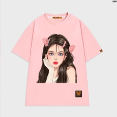 Áo thun tay lỡ Cô gái nơ hồng 1186 nam nữ form rộng cotton 75%