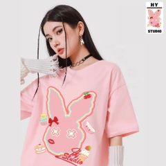 Áo thun tay lỡ nữ cute Thỏ màu nơ đỏ 1192 form rộng