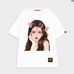 Áo thun tay lỡ Cô gái nơ hồng 1186 nam nữ form rộng cotton 75%