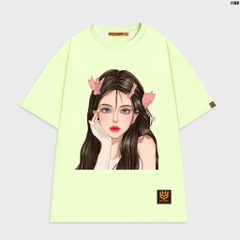 Áo thun tay lỡ Cô gái nơ hồng 1186 nam nữ form rộng cotton 75%
