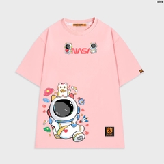 Áo thun tay lỡ HY KOREA Mèo Nasa 1200 cotton 75% nam nữ form rộng