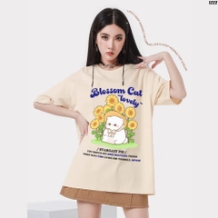 Áo thun tay lỡ HY KOREA  Mèo hoa hướng dương 1222 nam nữ cotton 75% form rộng