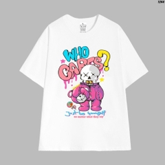 Áo Thun Tay Lỡ HY KOREA Gấu Who Cares 1244 Form Rộng Unisex Cotton 100