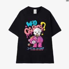 Áo Thun Tay Lỡ HY KOREA Gấu Who Cares 1244 Form Rộng Unisex Cotton 100