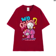 Áo Thun Tay Lỡ HY KOREA Gấu Who Cares 1244 Form Rộng Unisex Cotton 100