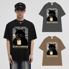 Áo Thun Form Rộng HY KOREA Cat drink coffee 1261 Nam Nữ Cotton 100 Tay Lỡ