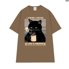 Áo Thun Form Rộng HY KOREA Cat drink coffee 1261 Nam Nữ Cotton 100 Tay Lỡ