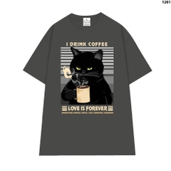Áo Thun Form Rộng HY KOREA Cat drink coffee 1261 Nam Nữ Cotton 100 Tay Lỡ