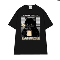 Áo Thun Form Rộng HY KOREA Cat drink coffee 1261 Nam Nữ Cotton 100 Tay Lỡ