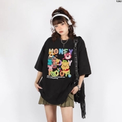Áo Thun Tay Lỡ HY KOREA Honey Pooh 1262 Form Rộng Cotton 100 Nam Nữ