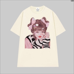 Áo phông nữ HY KOREA form rộng tay lỡ unisex chất vải cotton 100 in Cô gái sticker mèo 1268