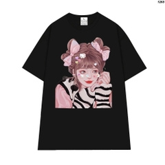 Áo phông nữ HY KOREA form rộng tay lỡ unisex chất vải cotton 100 in Cô gái sticker mèo 1268
