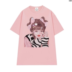Áo phông nữ HY KOREA form rộng tay lỡ unisex chất vải cotton 100 in Cô gái sticker mèo 1268