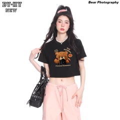 Áo croptop nữ HY KOREA in Bear Photography 1267 freesize ôm body tay ngắn