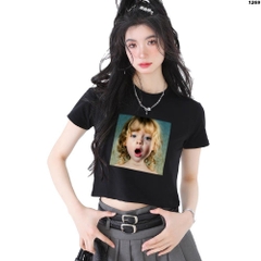 Áo croptop body nữ HY KOREA in Baby yellow curls 1269 ôm tay ngắn freesize