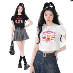Áo croptop nữ HY KOREA in Cute Bear Pink 1271 tay ngắn thun