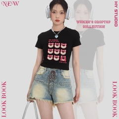 Áo croptop ôm body nữ HY KOREA in Đầu gấu Lotso cute 1282 tay ngắn