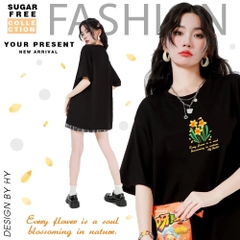 Áo Phông Unisex HY KOREA Cotton 100 Every Flower Art 1288 Form Rộng Tay Lỡ