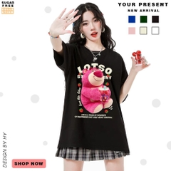 Áo thun tay lỡ HY KOREA form rộng unisex cotton 100 Gấu Lotso ôm trà sữa 1291